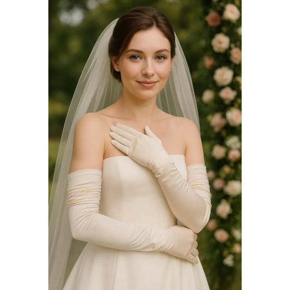 Women's Long Satin Gloves Champagne Stretchy Upper Arm Length Costume Design